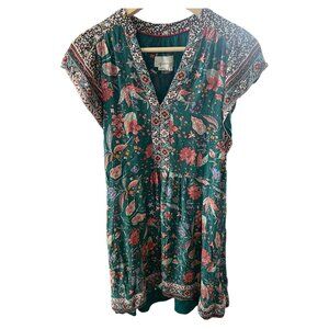 Anthropologie Green Floral Boho Mini Dress XS Cap Sleeve V-Neck